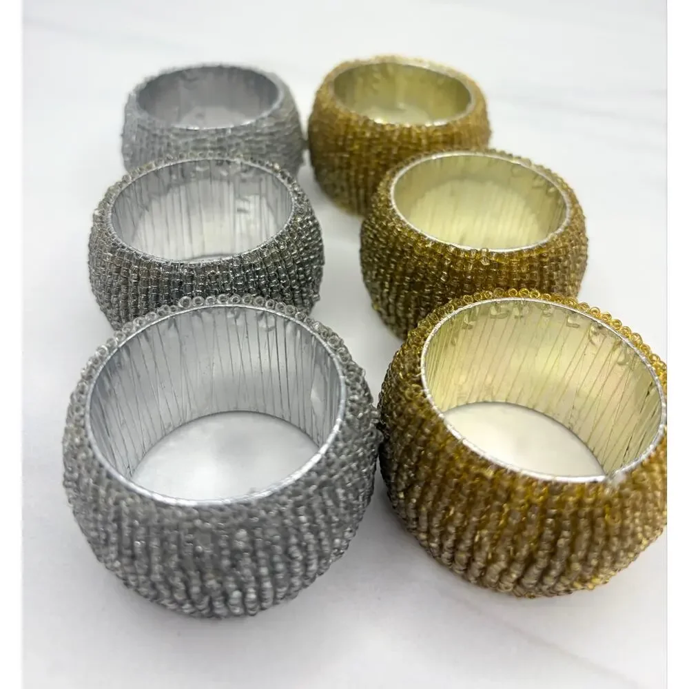 Vintage Glass Seed Bead Napkin Rings – Set of 6 (Gold & Silver Mix)